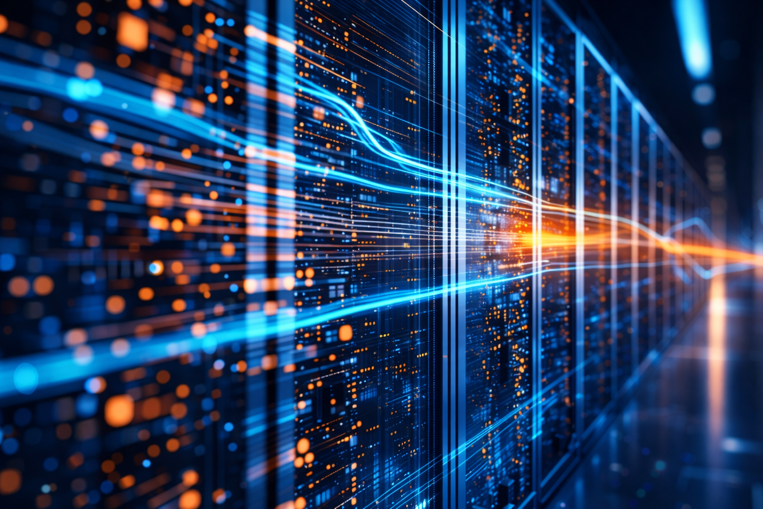 Data center racks with streaming blue and orange light trails