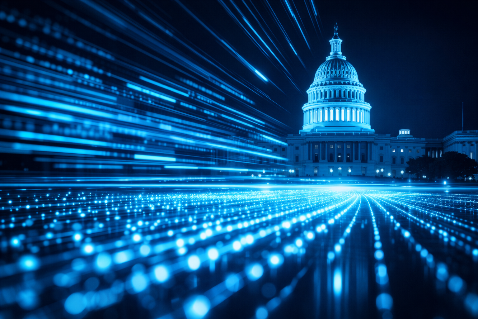 U.S. Capitol building with streaming digital data lines