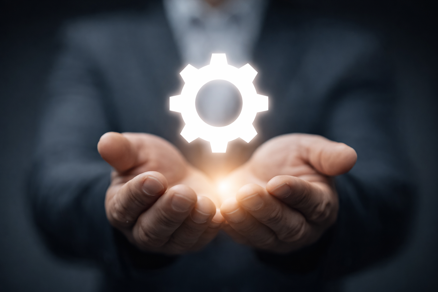 Hands holding a glowing gear icon