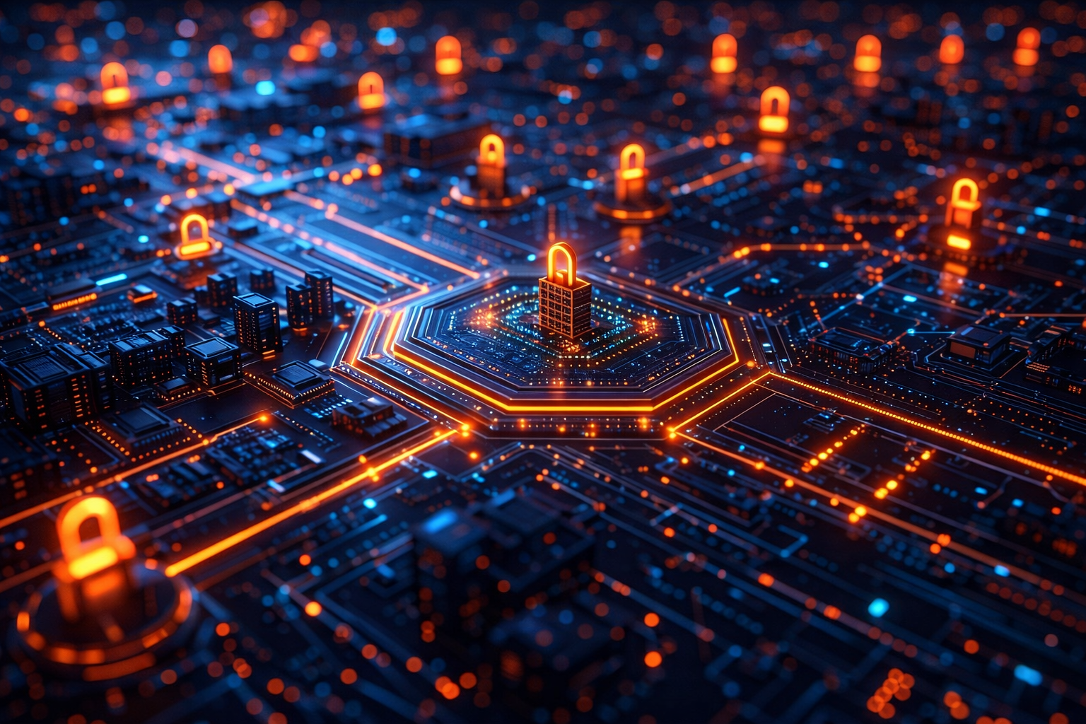 Isometric circuit city with glowing padlock markers