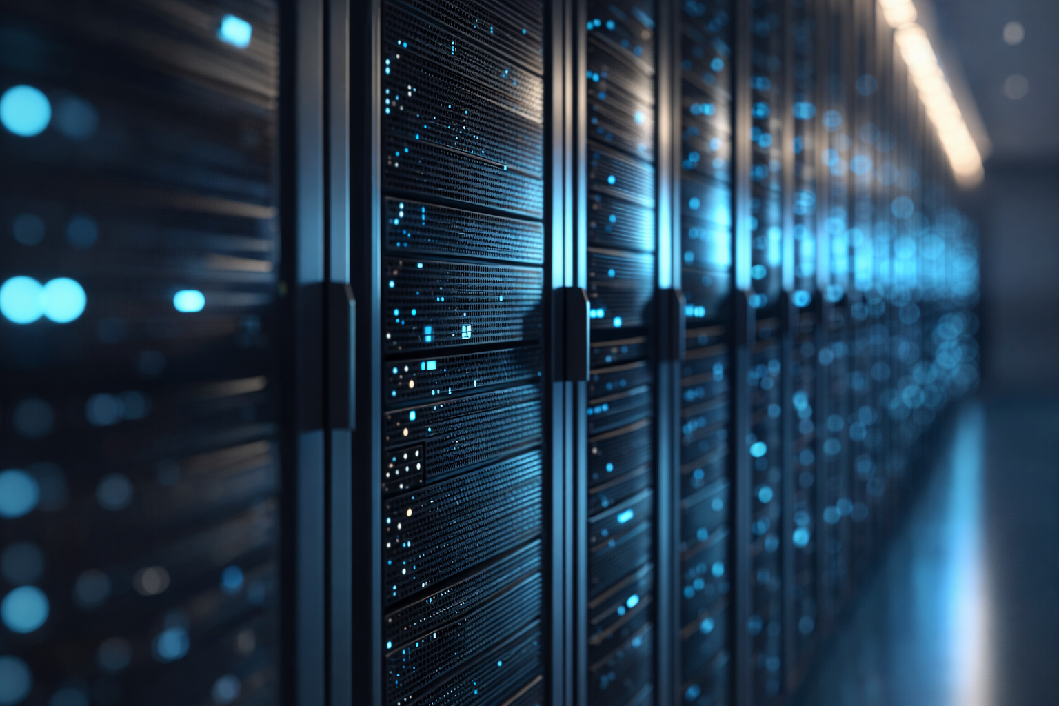 Rows of illuminated data center server racks
