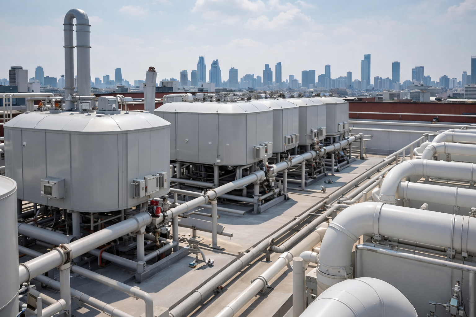 Rooftop water treatment and utility equipment with a city skyline behind