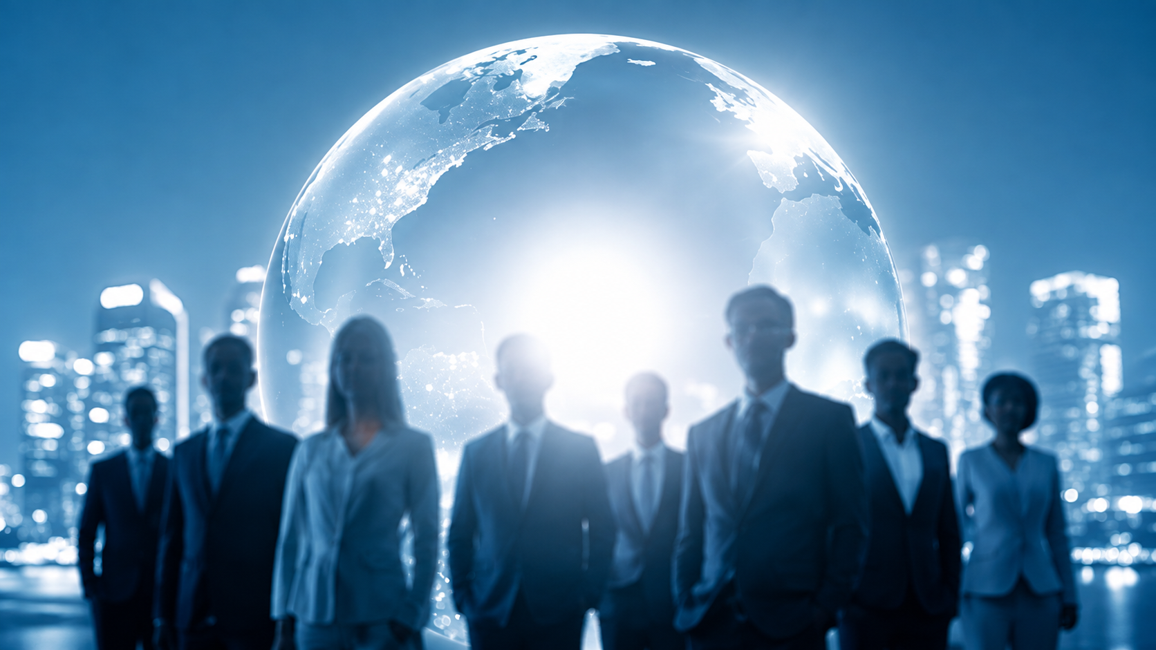 Business team standing before a glowing global network