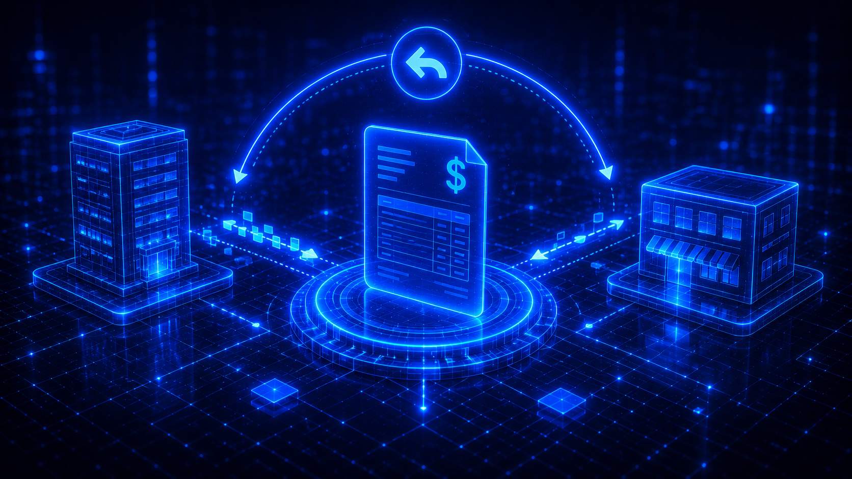 Glowing blue digital invoice exchanging costs between two buildings