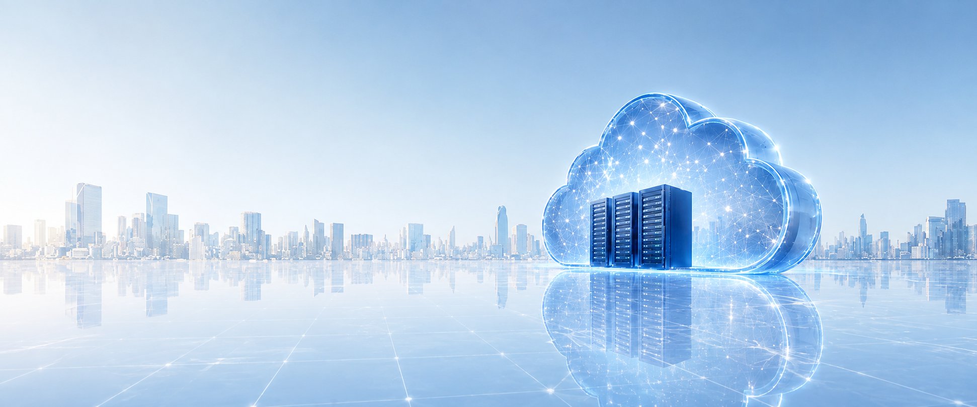Glowing cloud with server racks above a city skyline