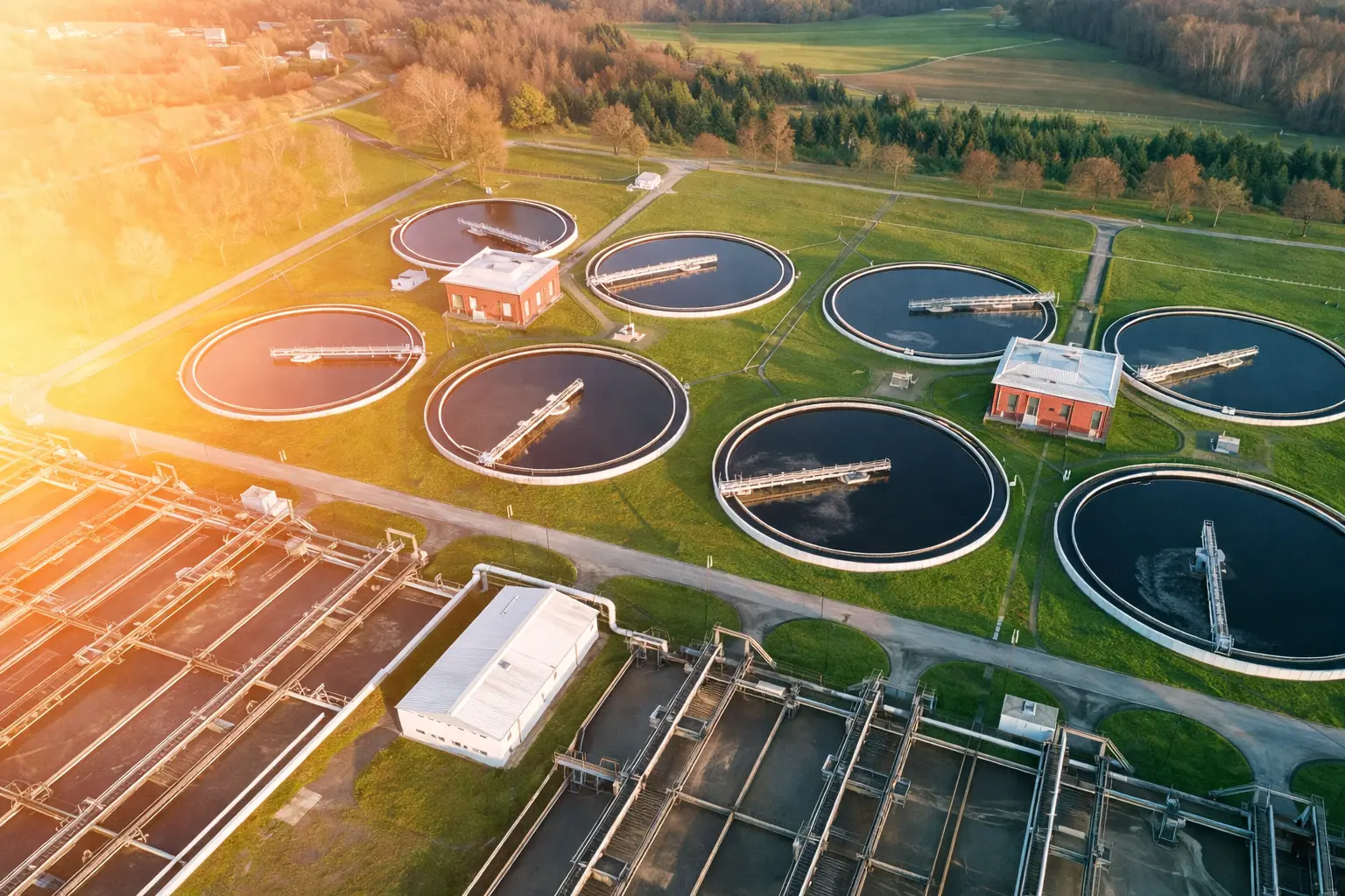 Aerial view of a water treatment facility at sunset