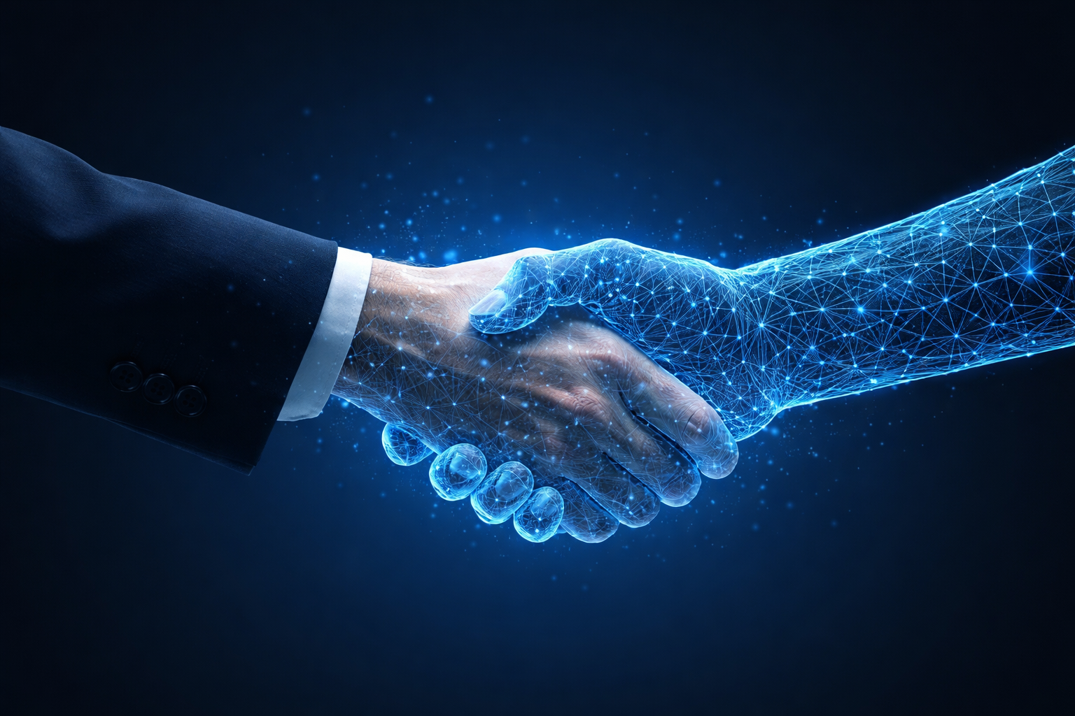Business handshake merging into a glowing blue digital network hand