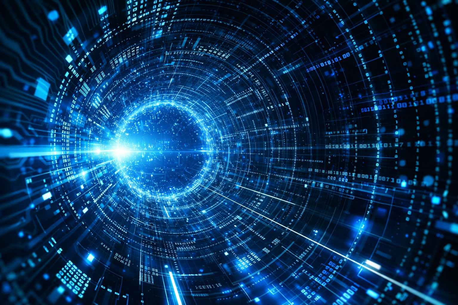 Glowing blue digital data vortex representing enterprise systems