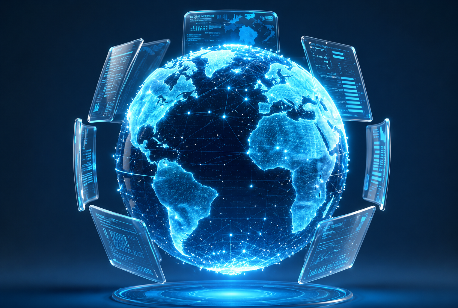 Holographic globe surrounded by secure data panels