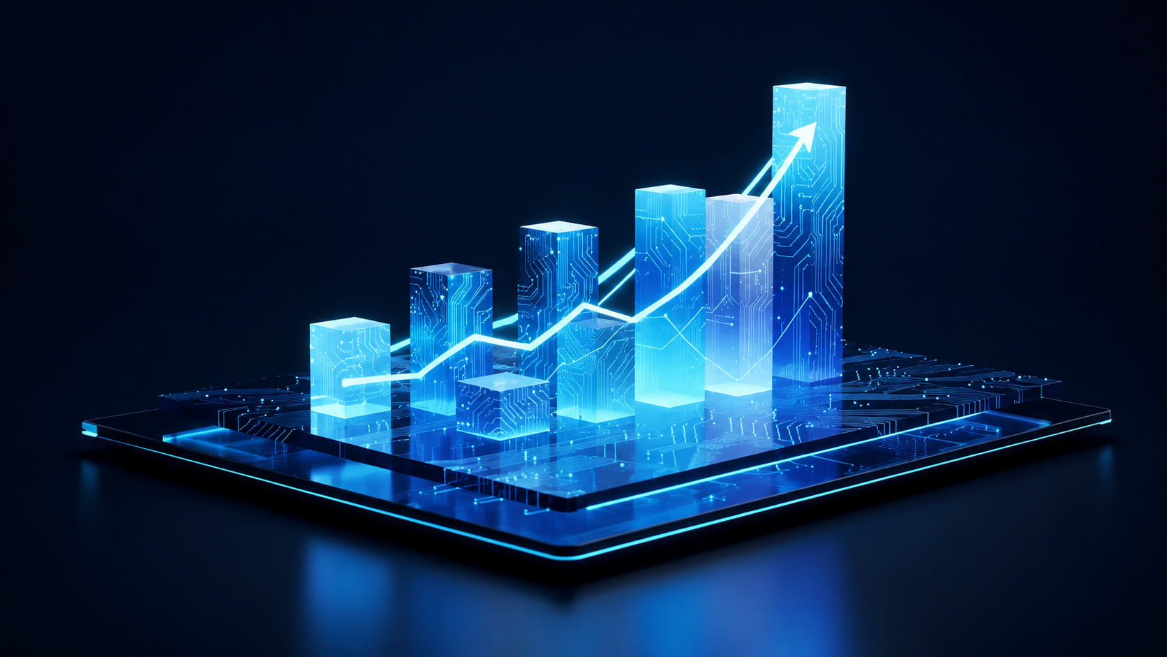 Glowing blue 3D bar chart with rising trend arrow on a circuit board platform