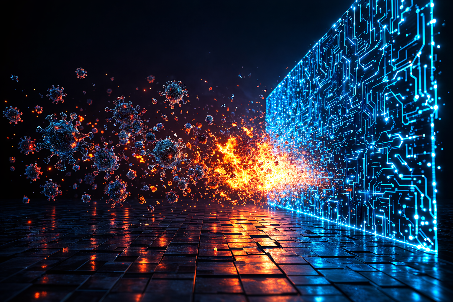 Digital threats colliding with a glowing circuit wall