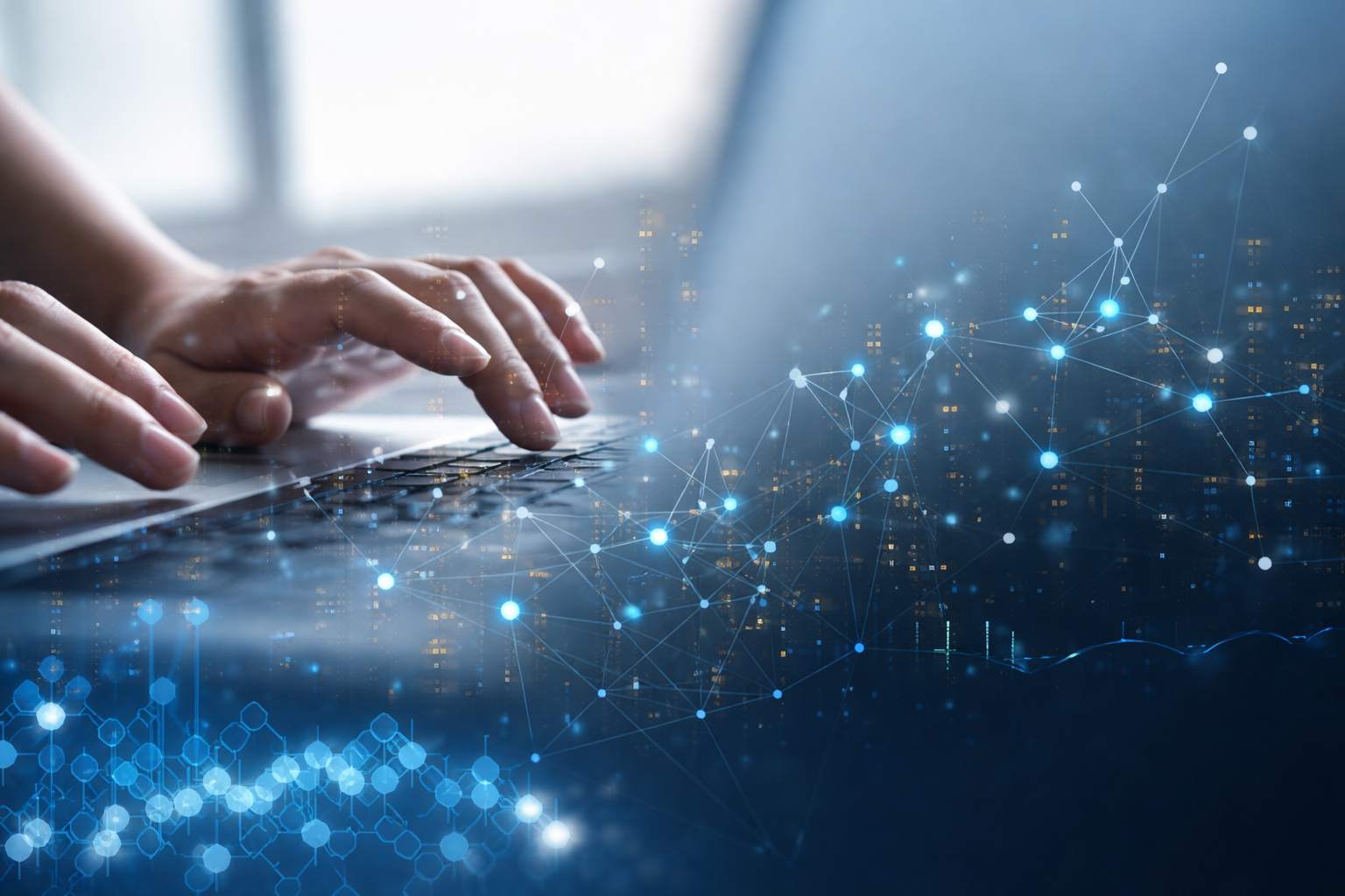 Hands typing on a laptop with a glowing city data network overlay