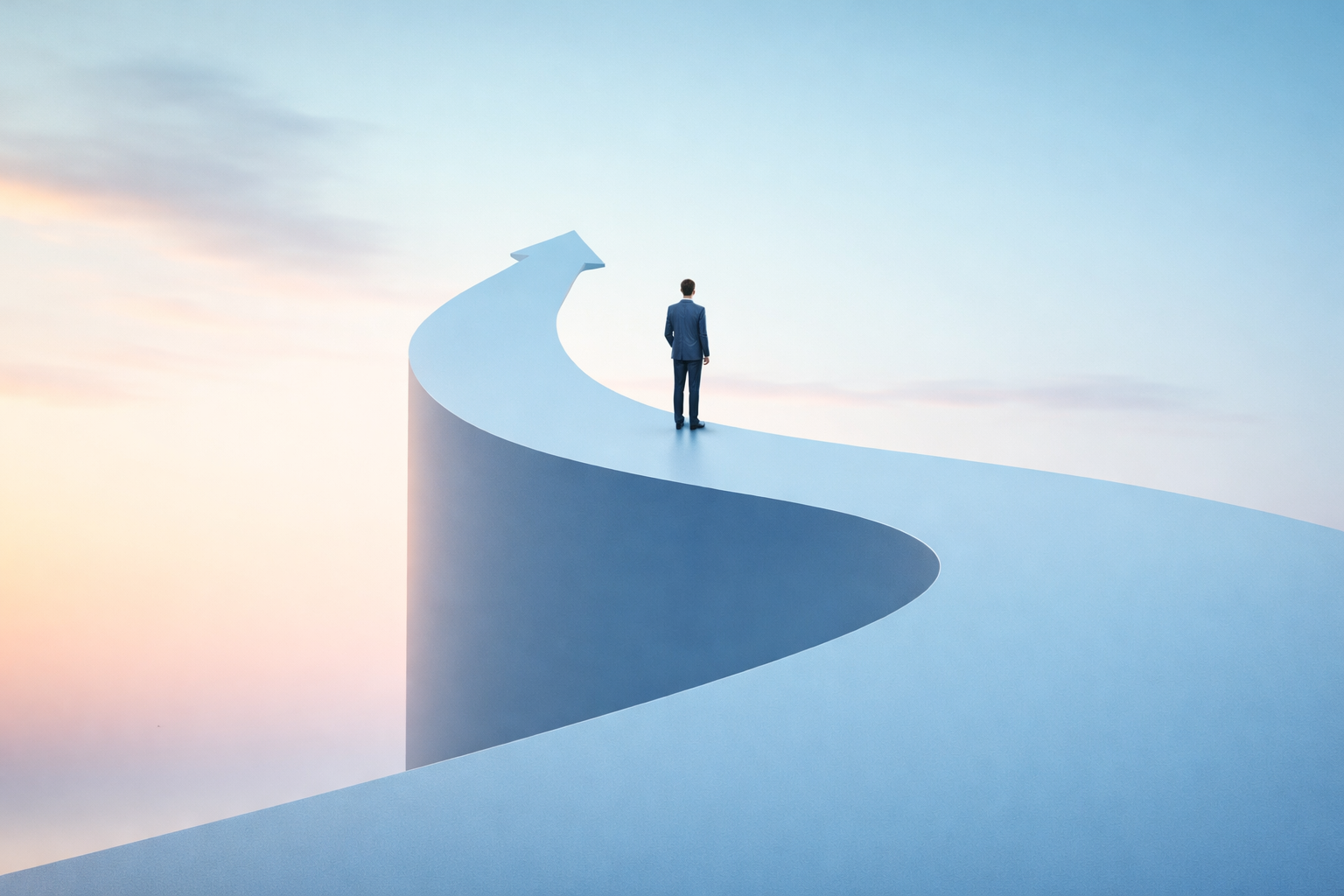 Leader standing on a rising arrow-shaped path at sunrise