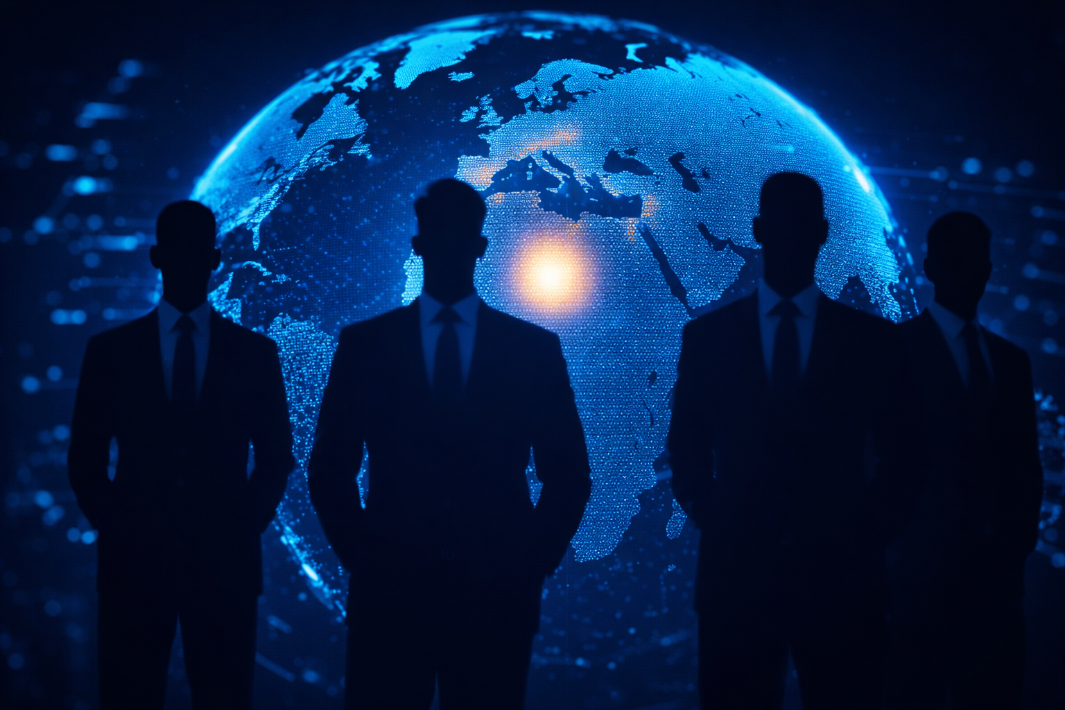 Silhouettes of business professionals in front of a glowing blue digital globe