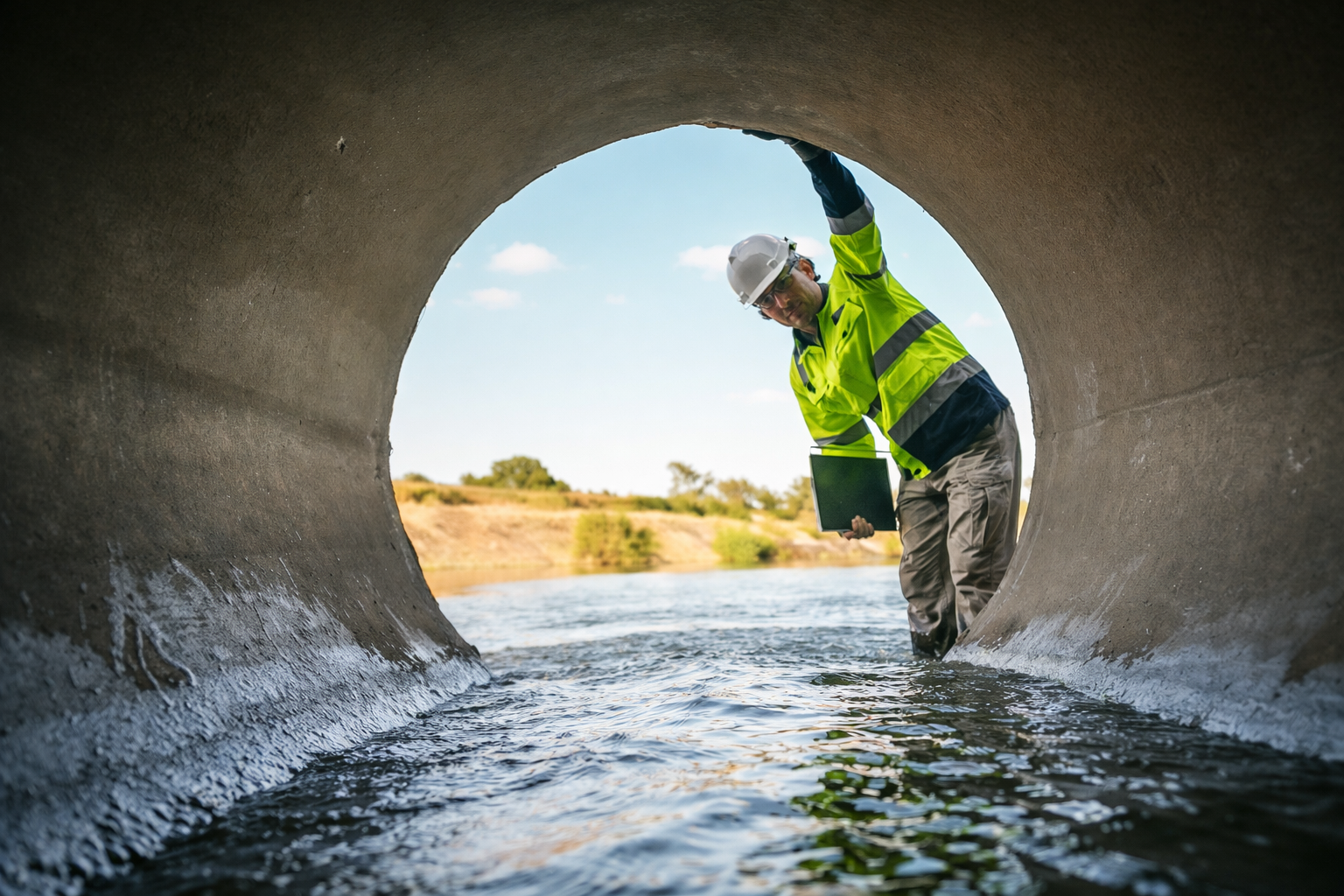 Utility worker inspecting a large stormwater pipe outfall
