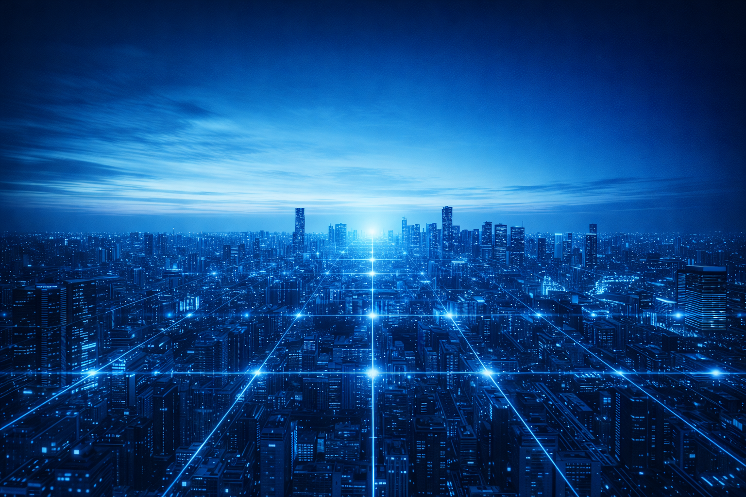Blue digital city skyline connected by glowing network grid lines