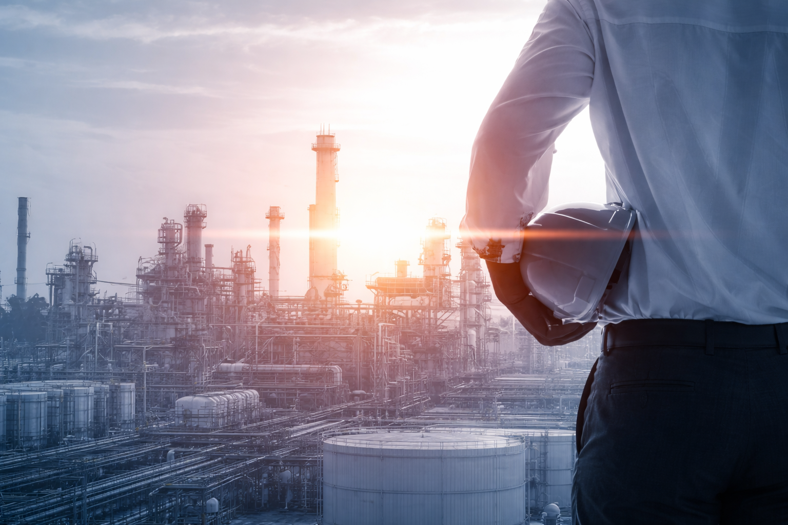 Engineer holding a hard hat overlooking a refinery at sunrise