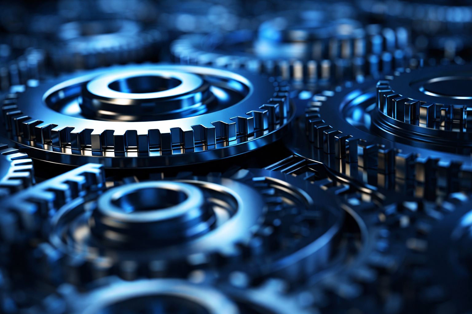 Close-up of interlocking blue metallic gears