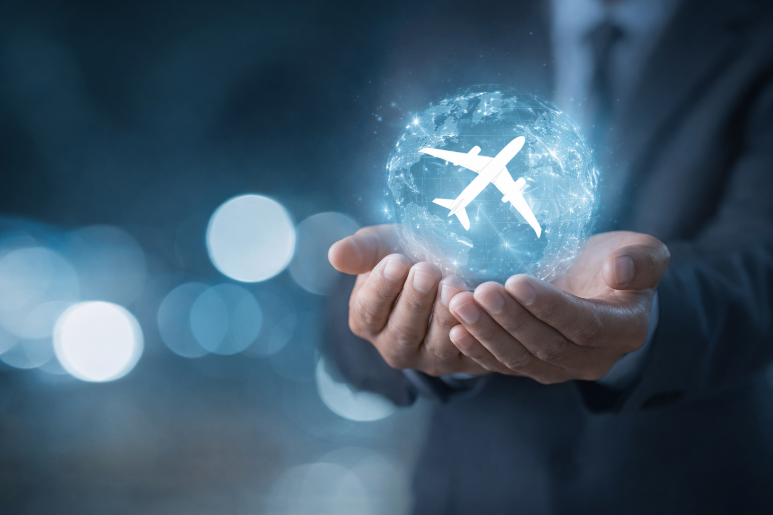 Executive holding a glowing digital globe with an airplane icon