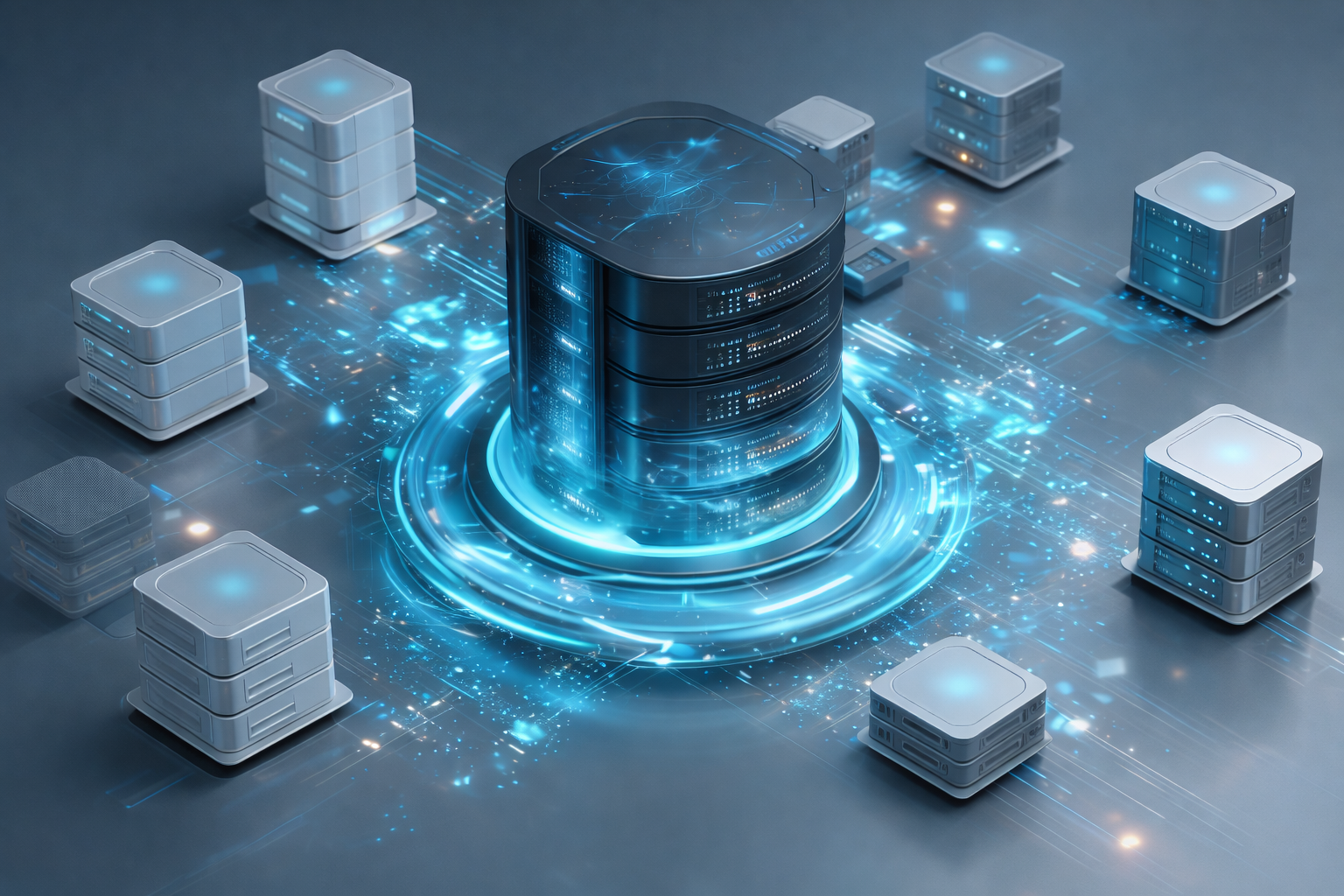 Isometric illustration of servers connected to a central data core