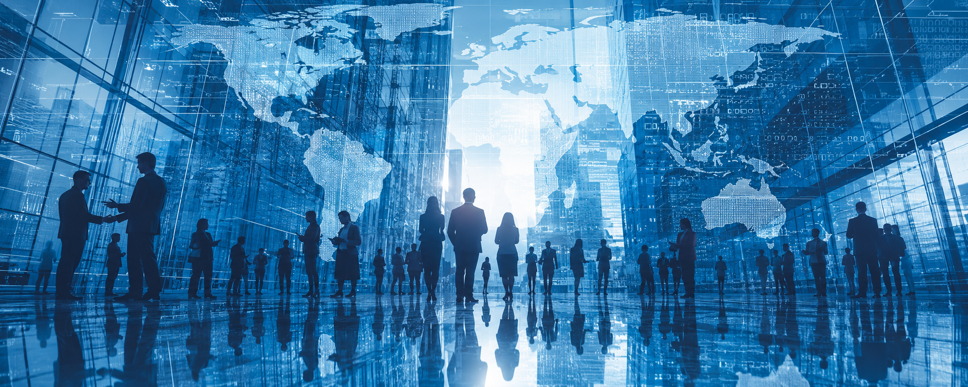Silhouettes of professionals before a digital world map