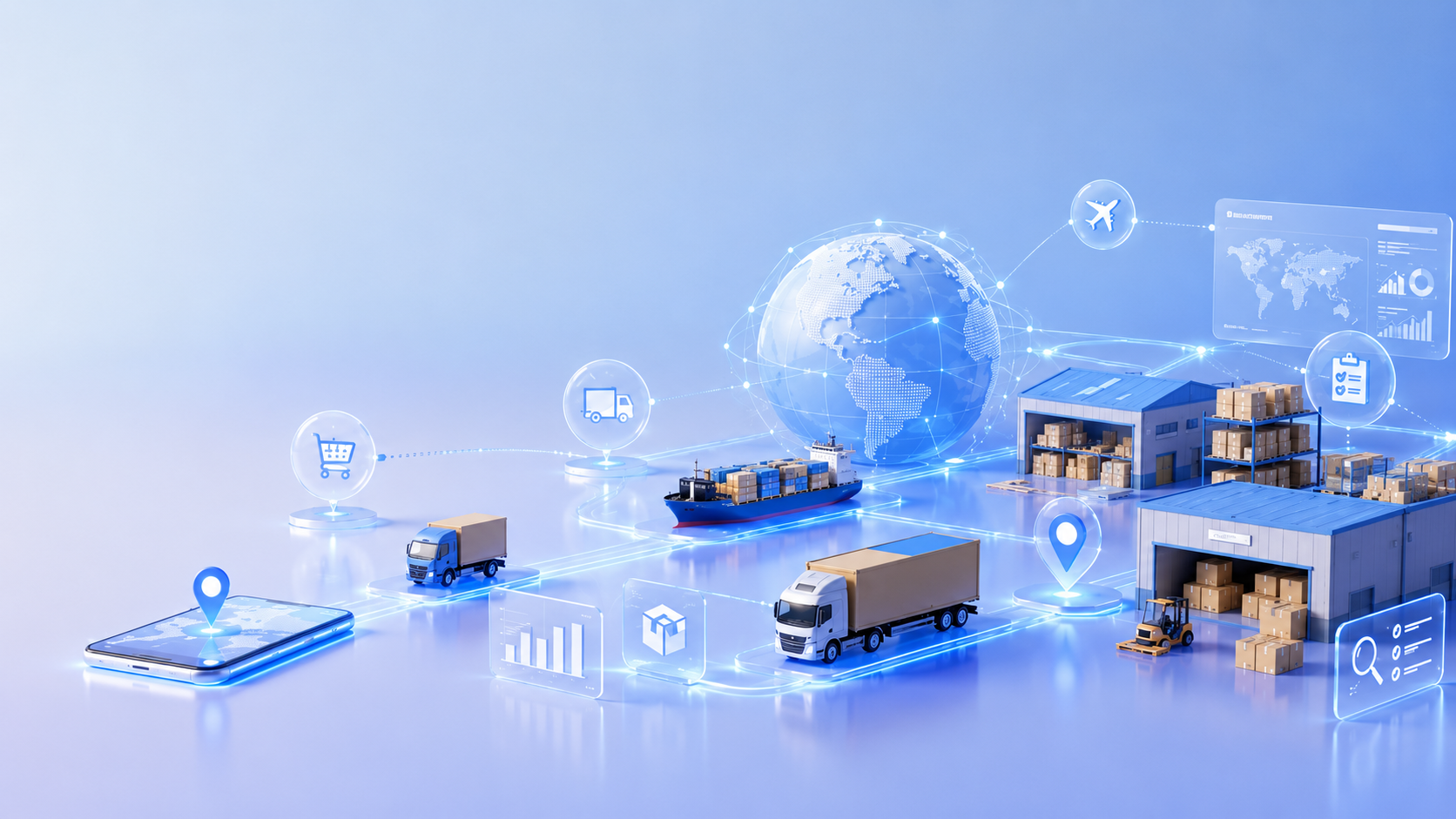 Digital logistics network connecting trucks, ships, aircraft, and warehouses