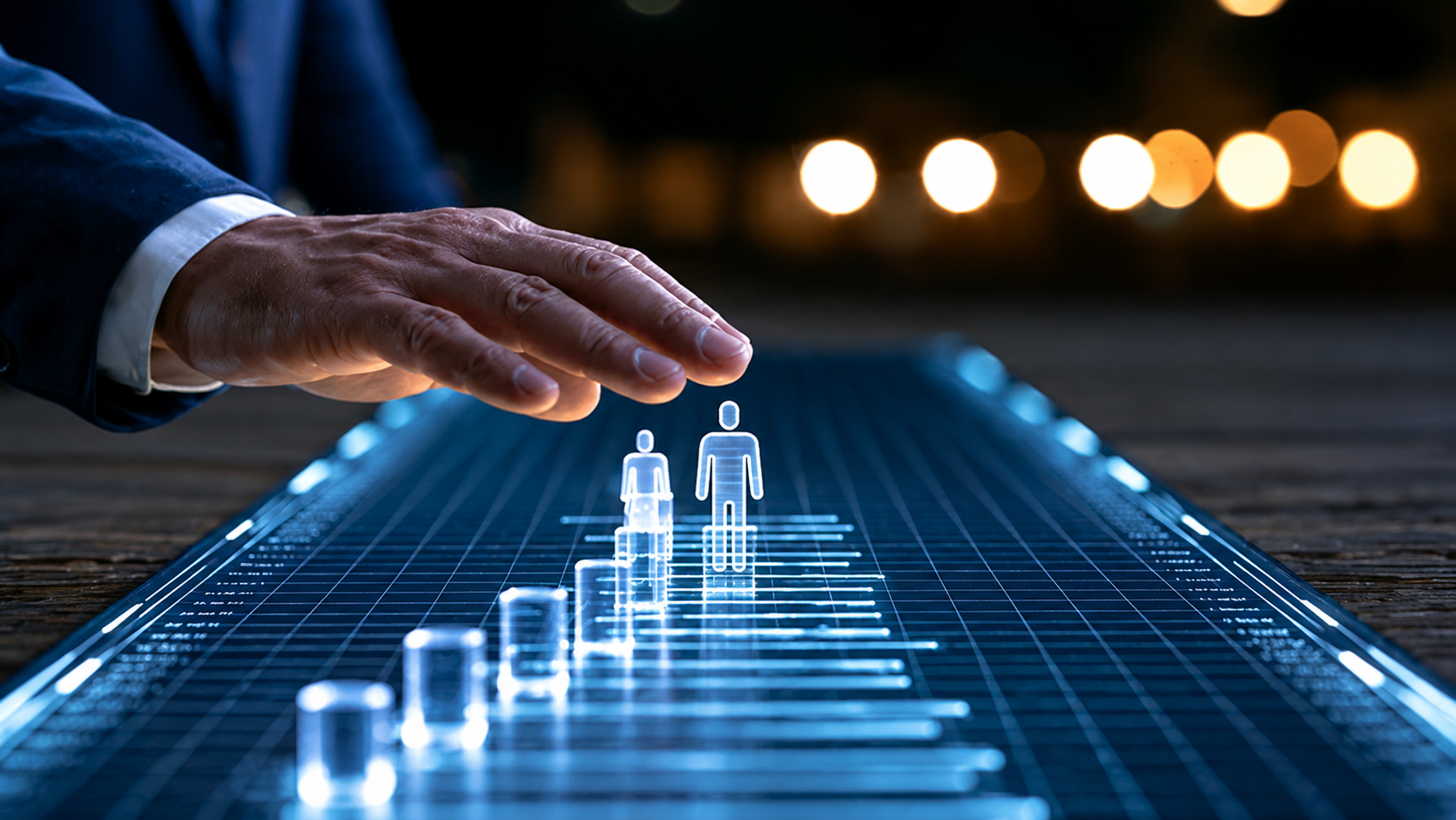 Hand guiding a glowing data chart with executive figures