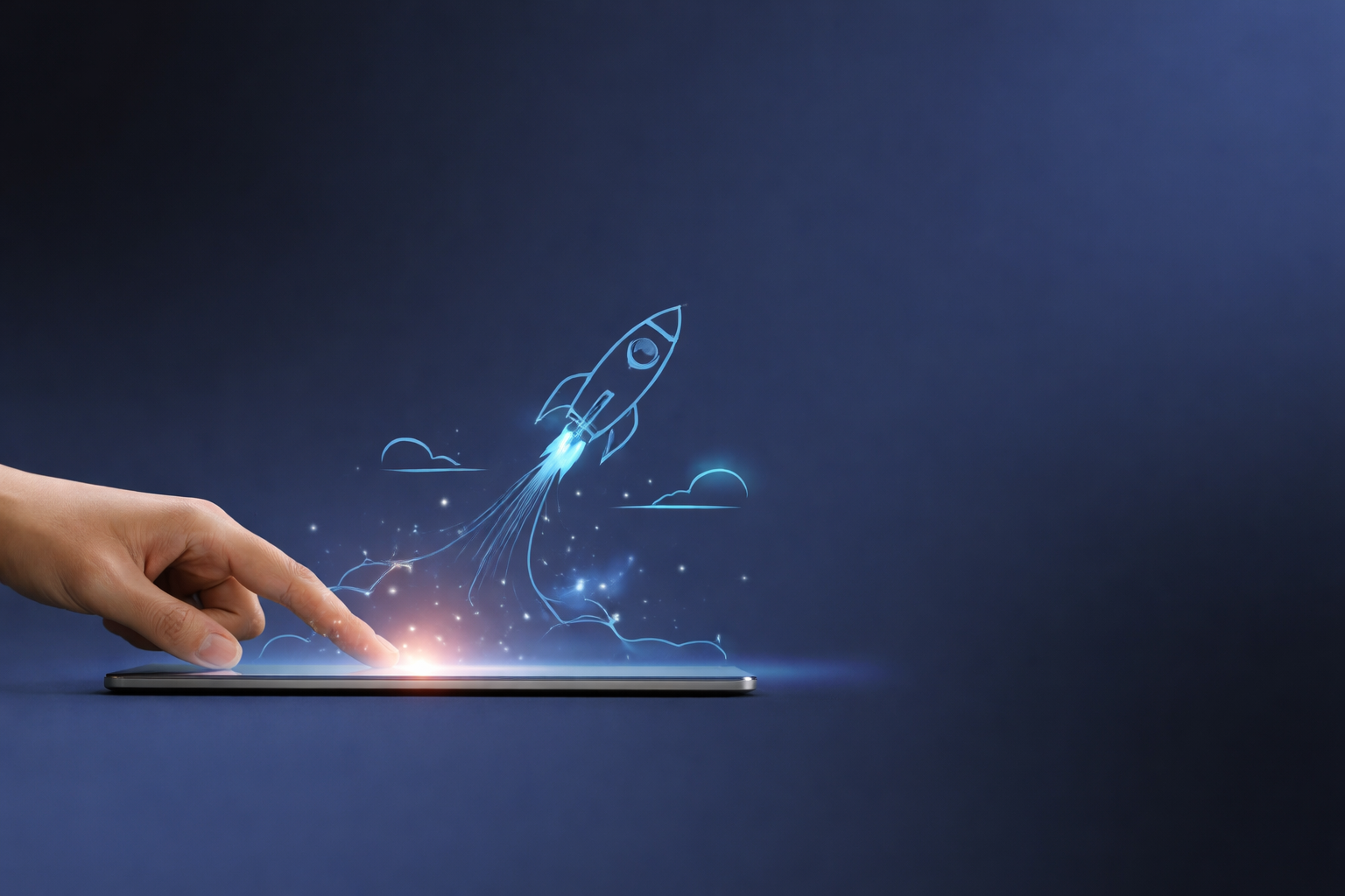 Finger touching a tablet with a glowing rocket launching