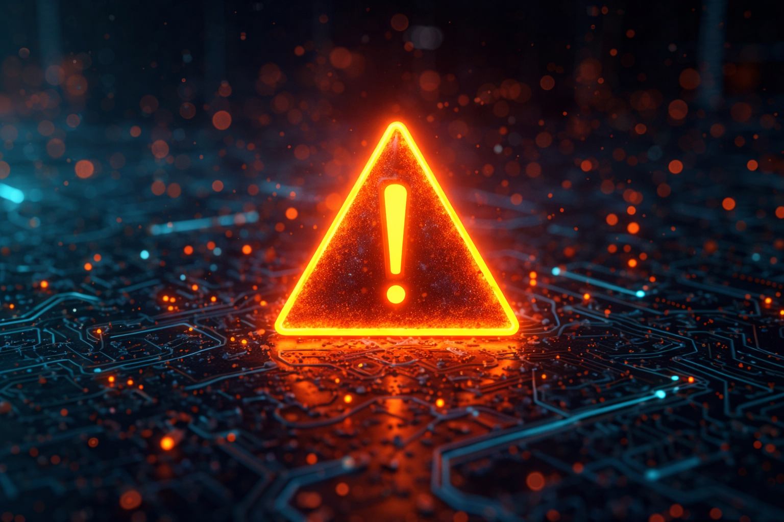 Glowing warning symbol on a circuit board