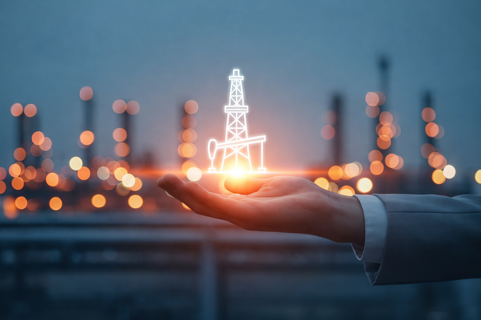 Hand holding a glowing oil rig icon above a lit refinery