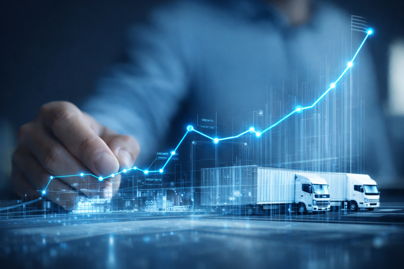 Rising digital growth line above freight trucks and logistics data