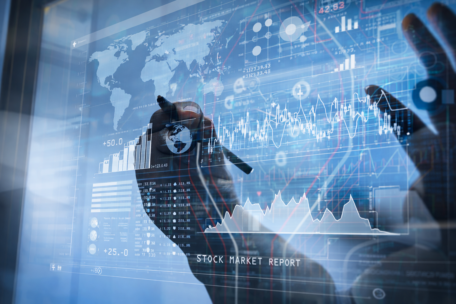 Analyst reviewing a digital stock market performance dashboard