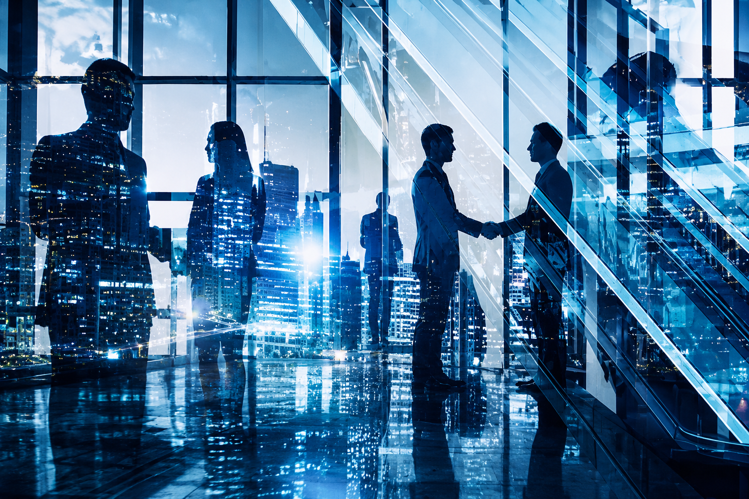 Business leaders shaking hands above a city skyline