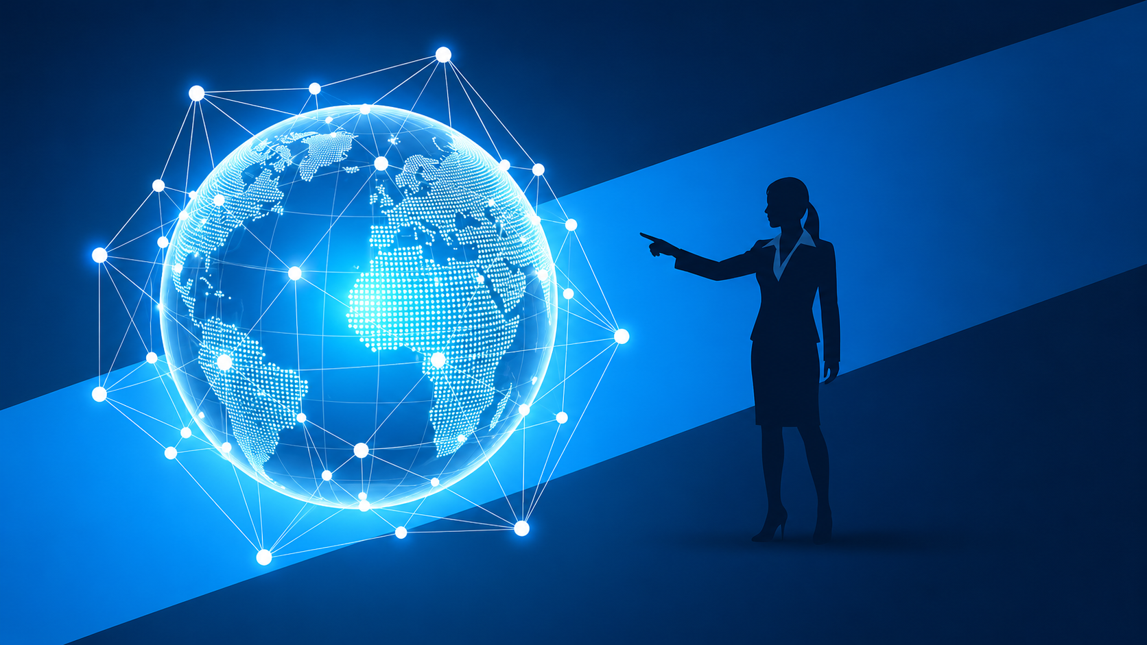 Executive pointing at a connected digital globe