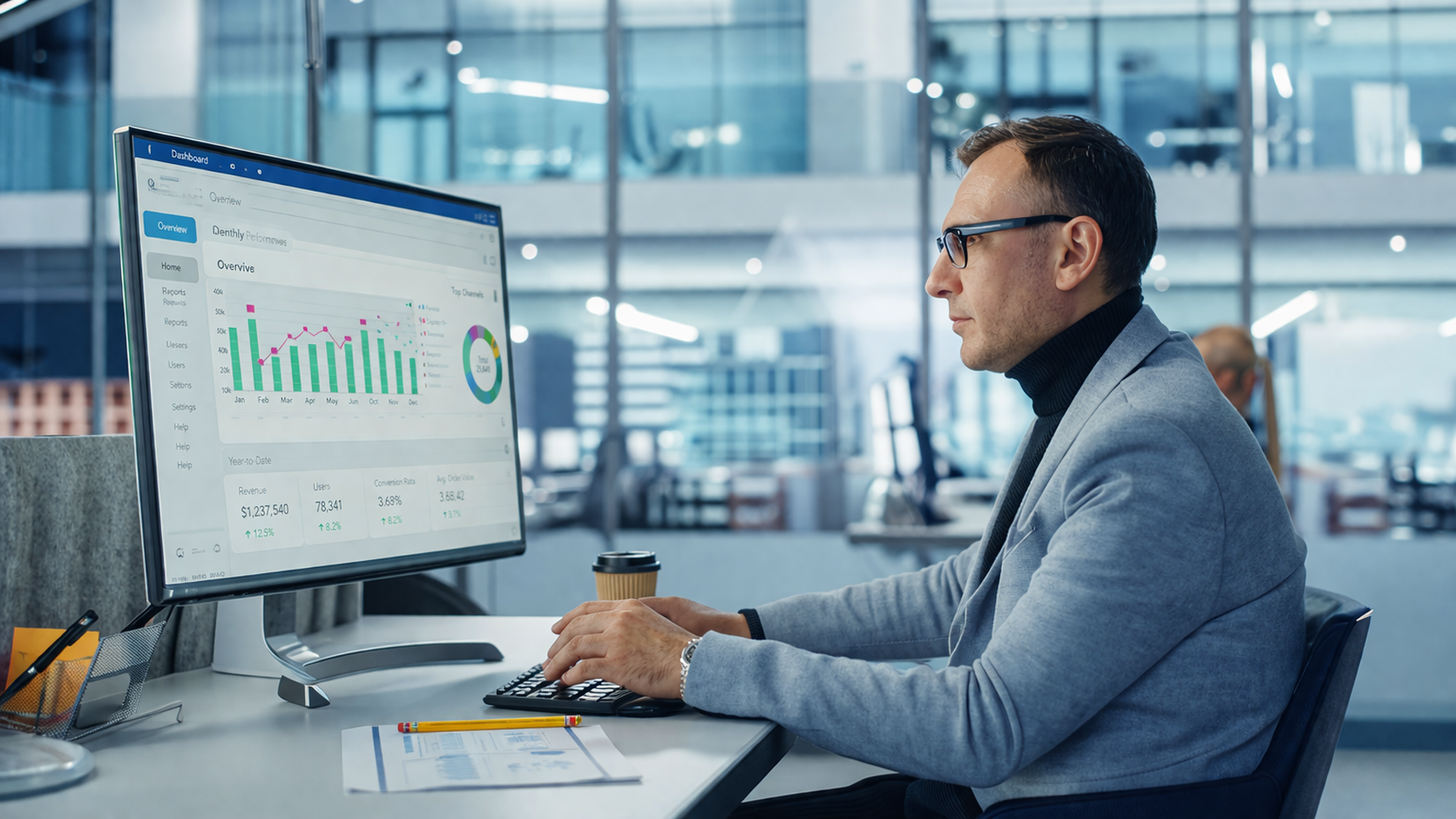 Business analyst reviewing a performance dashboard on a desktop monitor