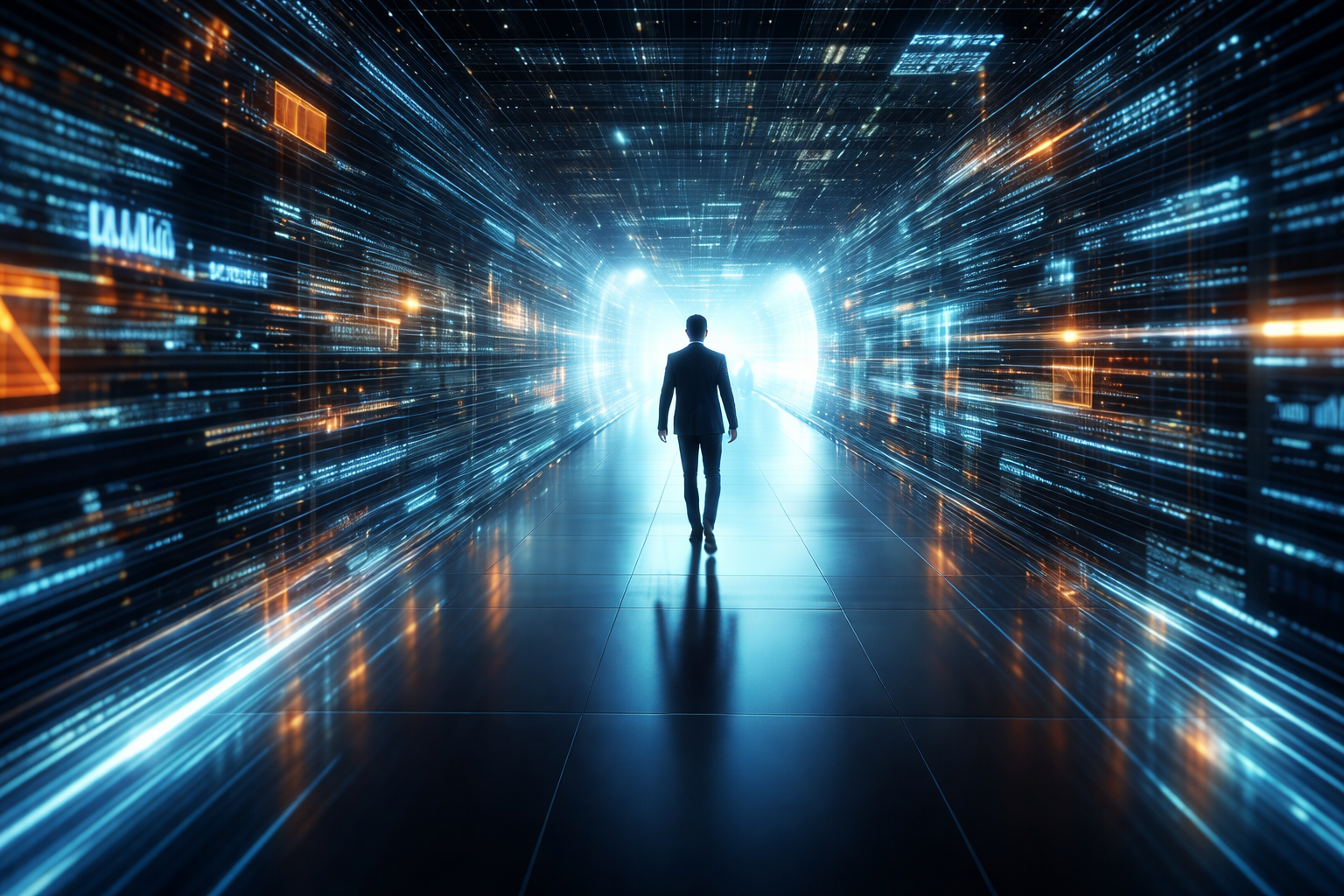 Executive walking through a digital corridor of data toward light