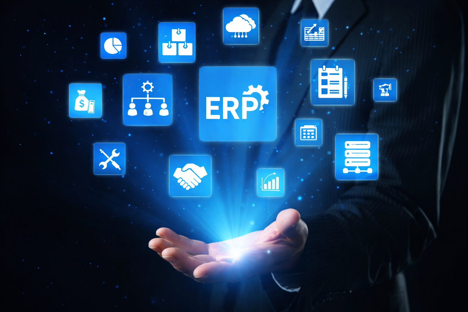 Hand presenting glowing ERP application icons