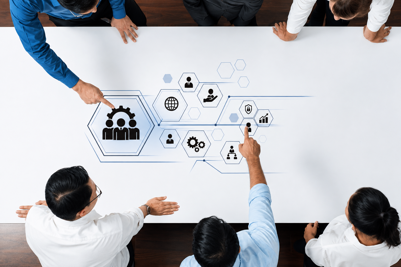 Team mapping connected capabilities on a whiteboard table