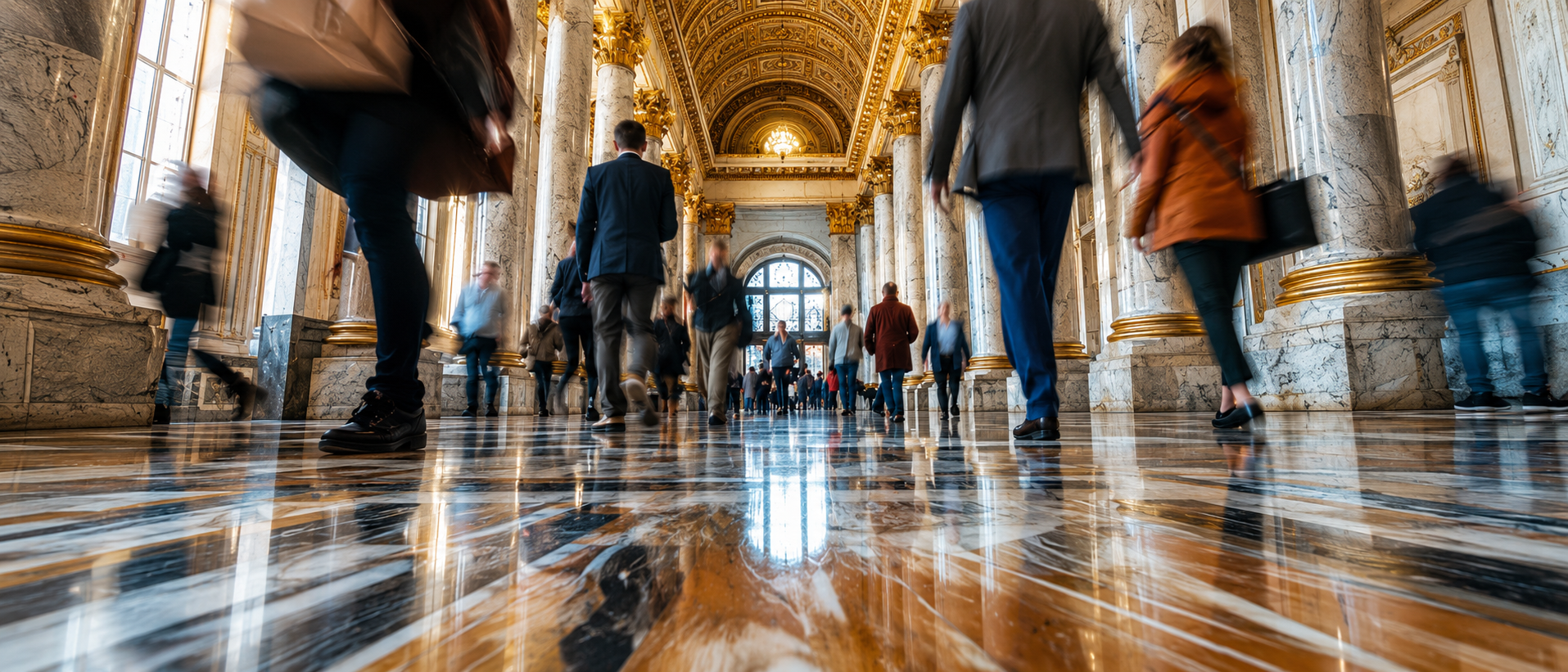 People walking through a grand state capitol corridor