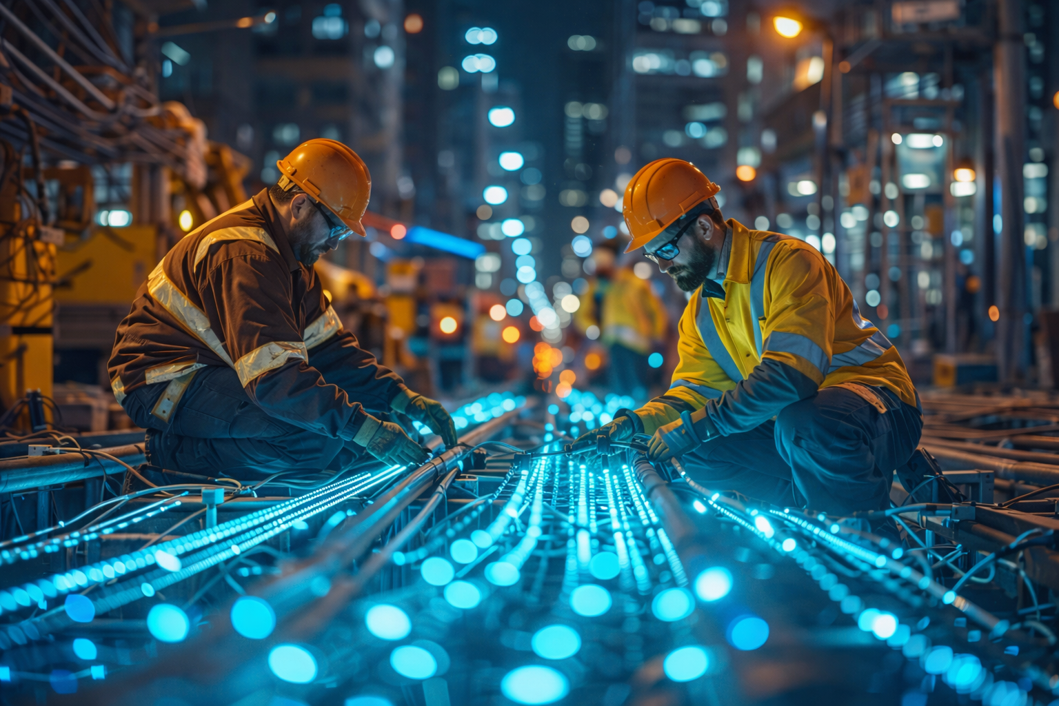 Field technicians working on glowing energy infrastructure at night