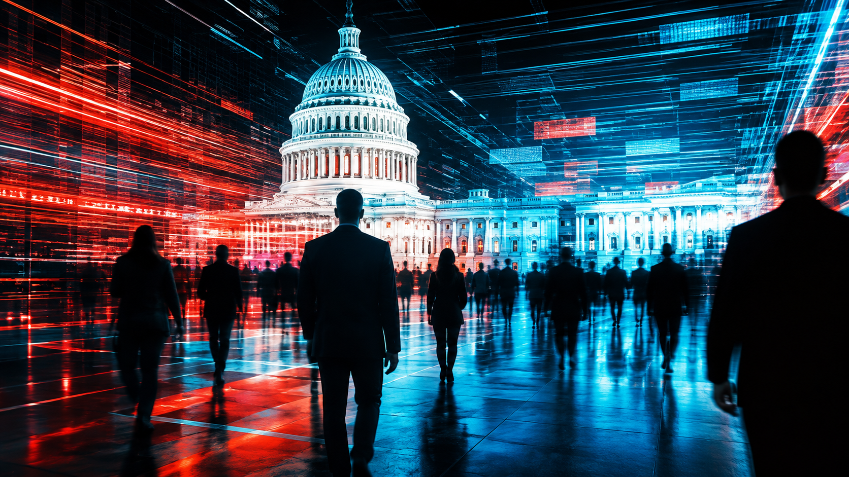 State capitol surrounded by digital data streams