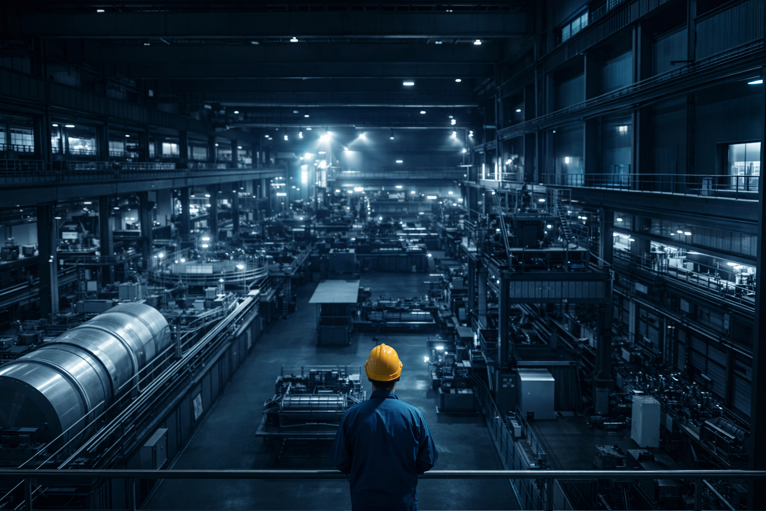 Supervisor overlooking a large industrial factory floor