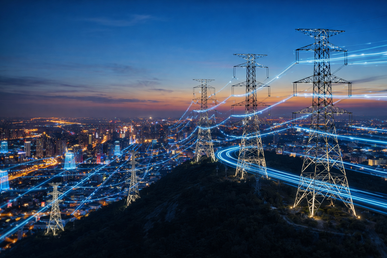 Transmission towers over a city at dusk with glowing network lines