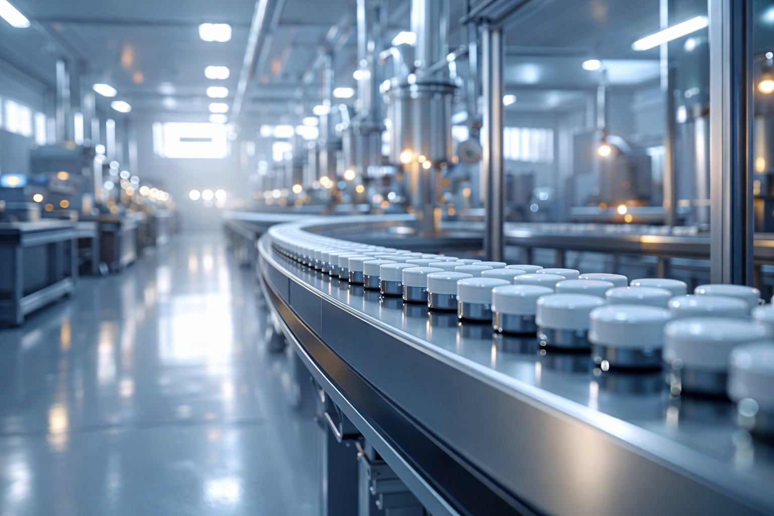Automated production line moving finished goods through a clean manufacturing facility