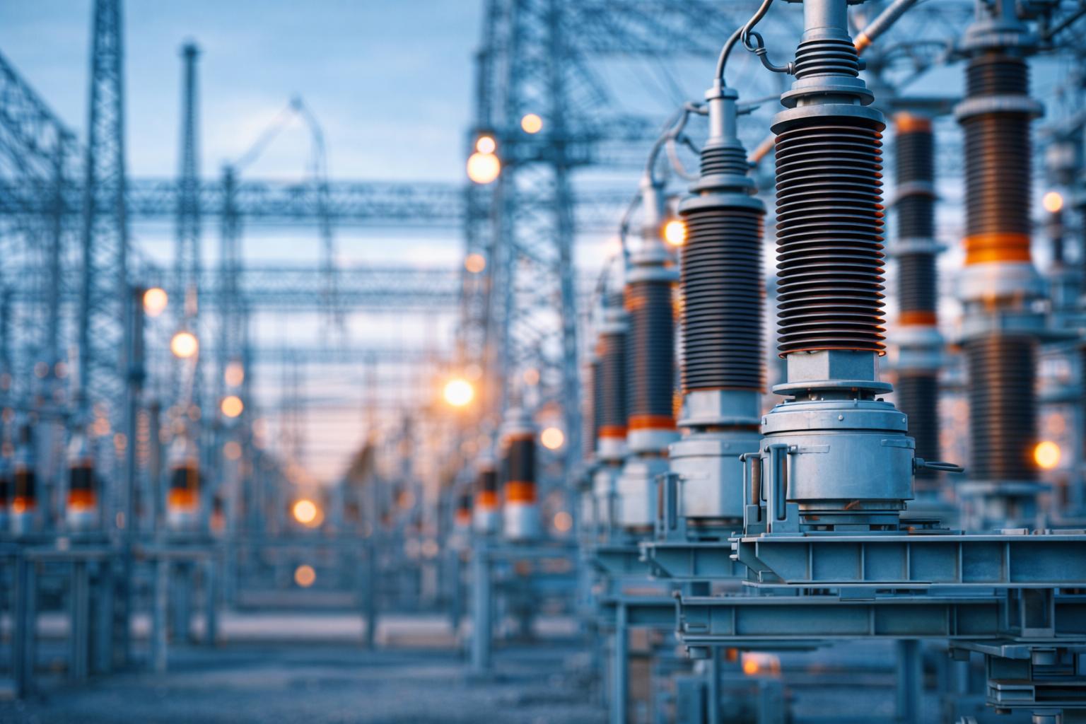 Electrical substation equipment at dusk