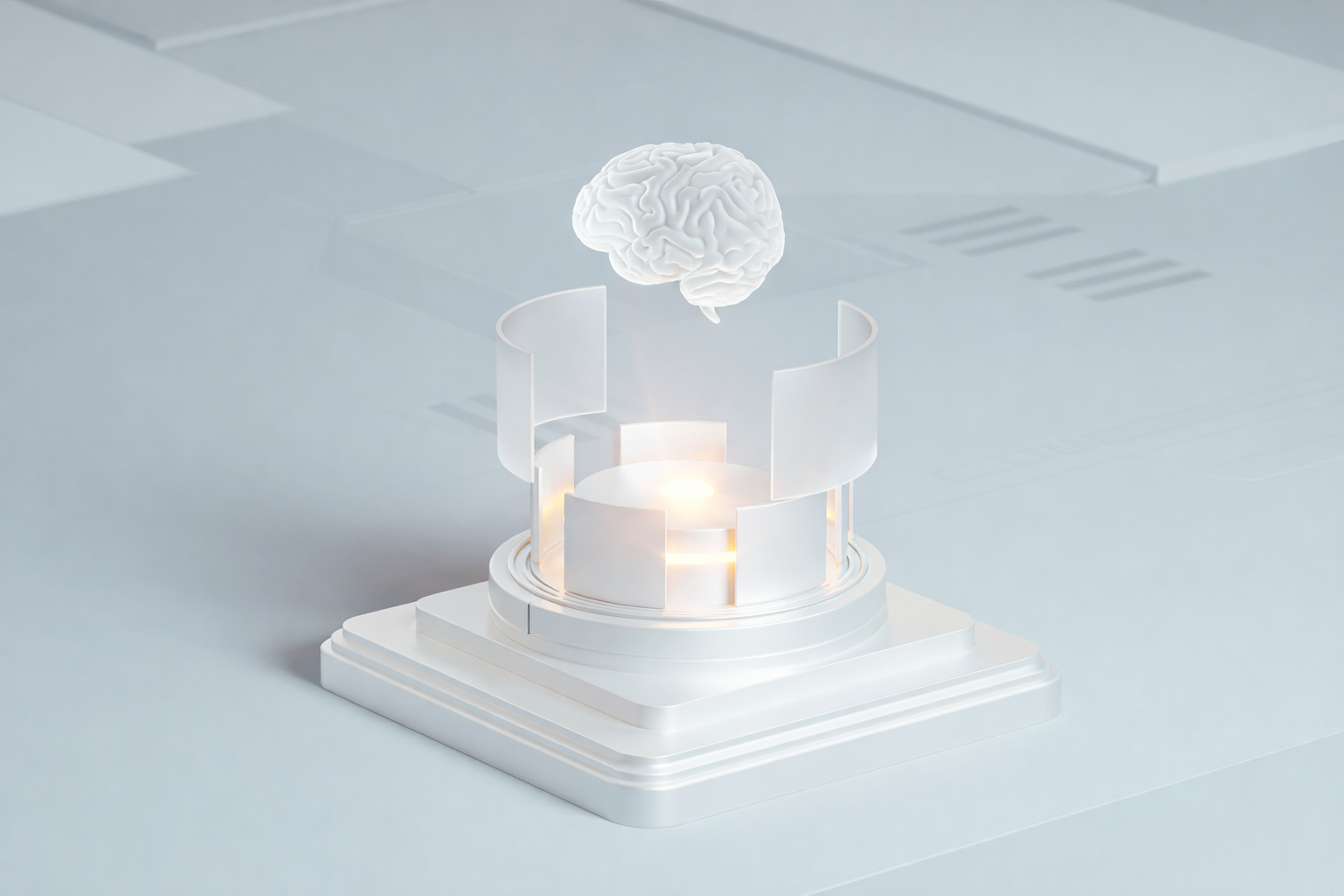 Minimal white pedestal with a glowing brain sculpture