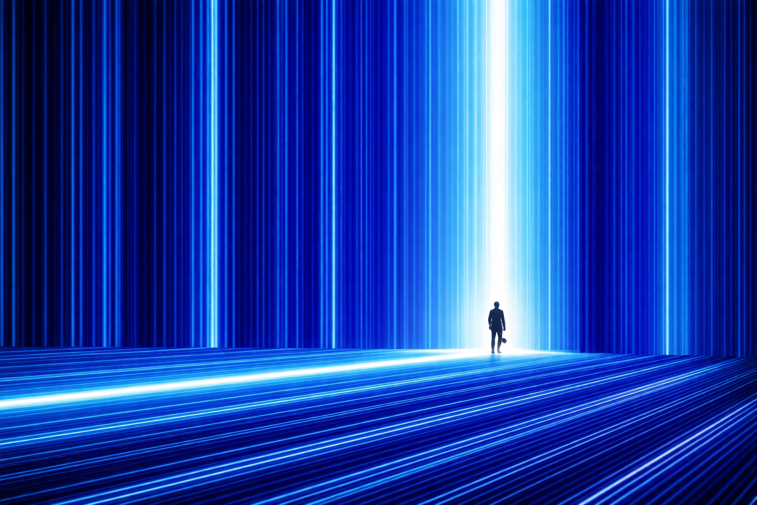Lone figure walking toward light between towering blue data streams