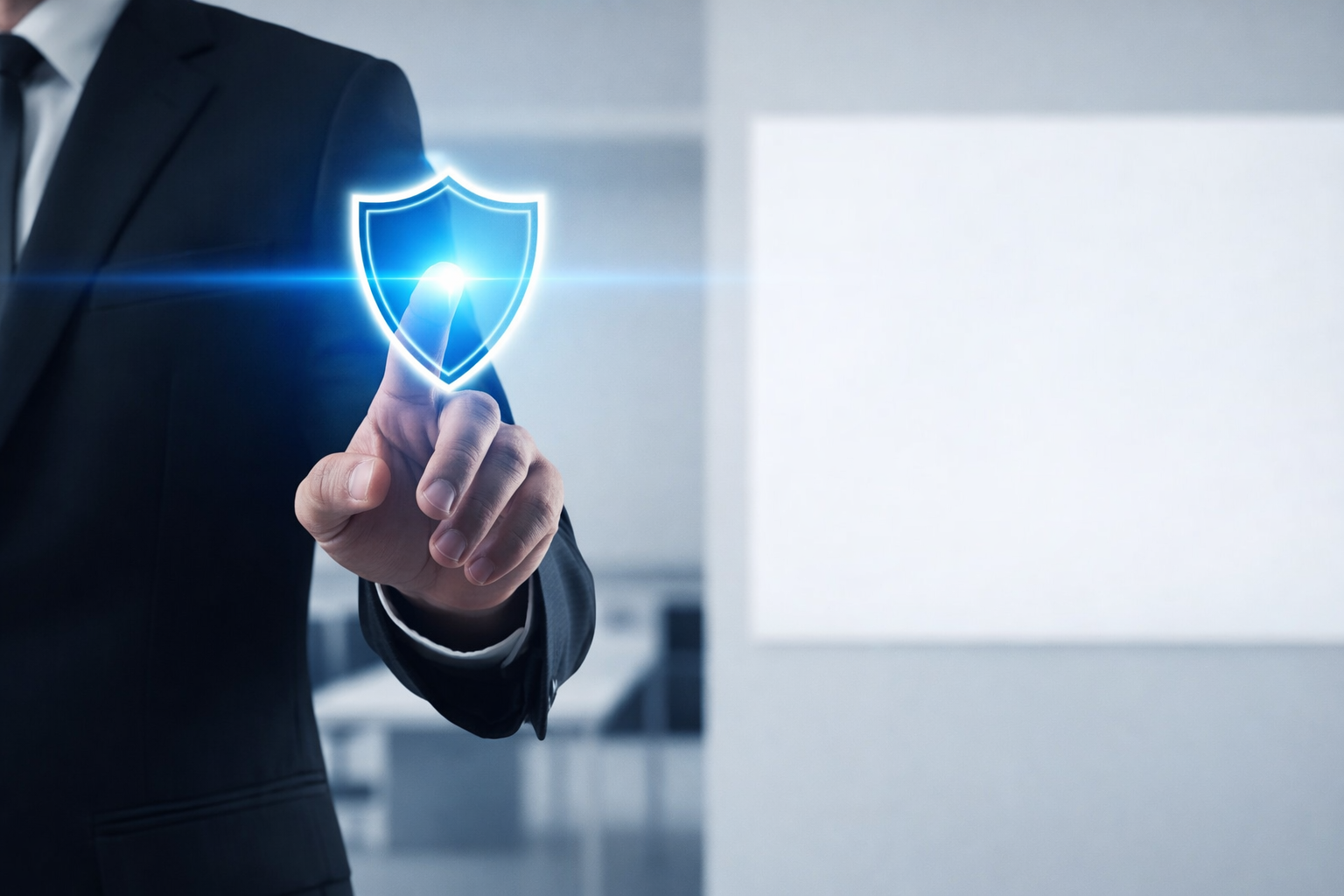 Professional touching a glowing blue security shield icon