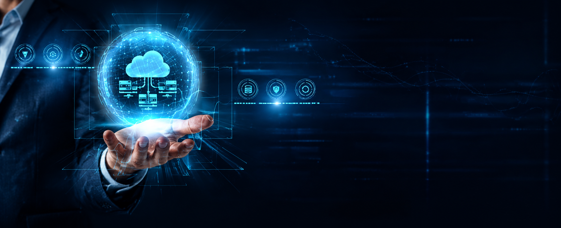 Hand holding a glowing cloud services sphere