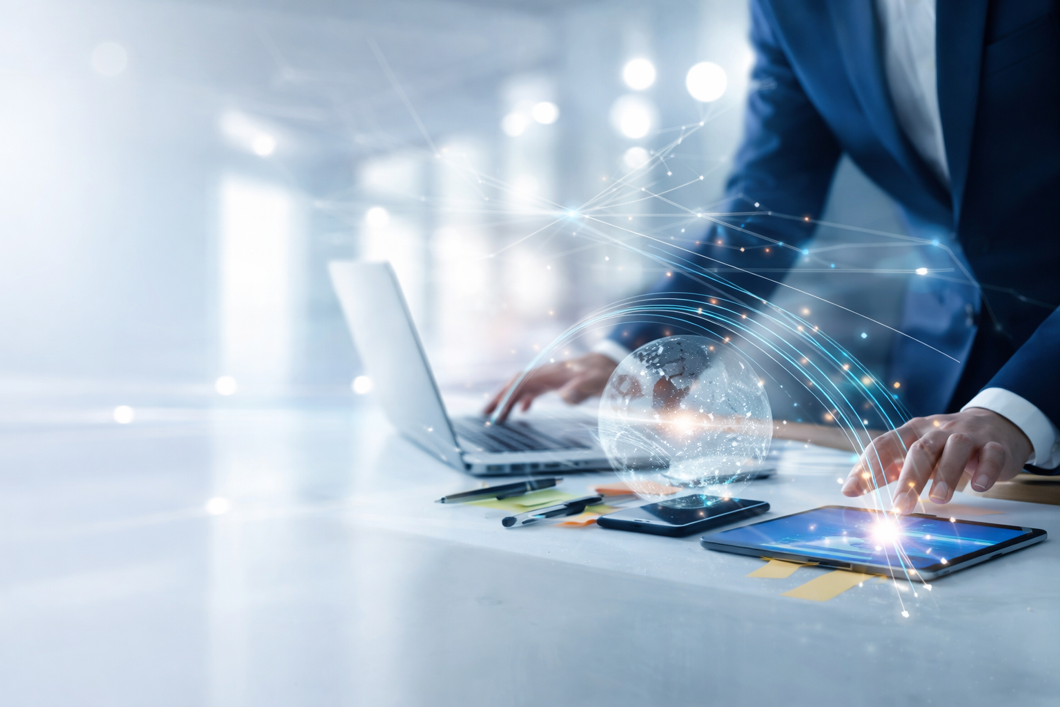 Professional working across laptop and tablet with connected data